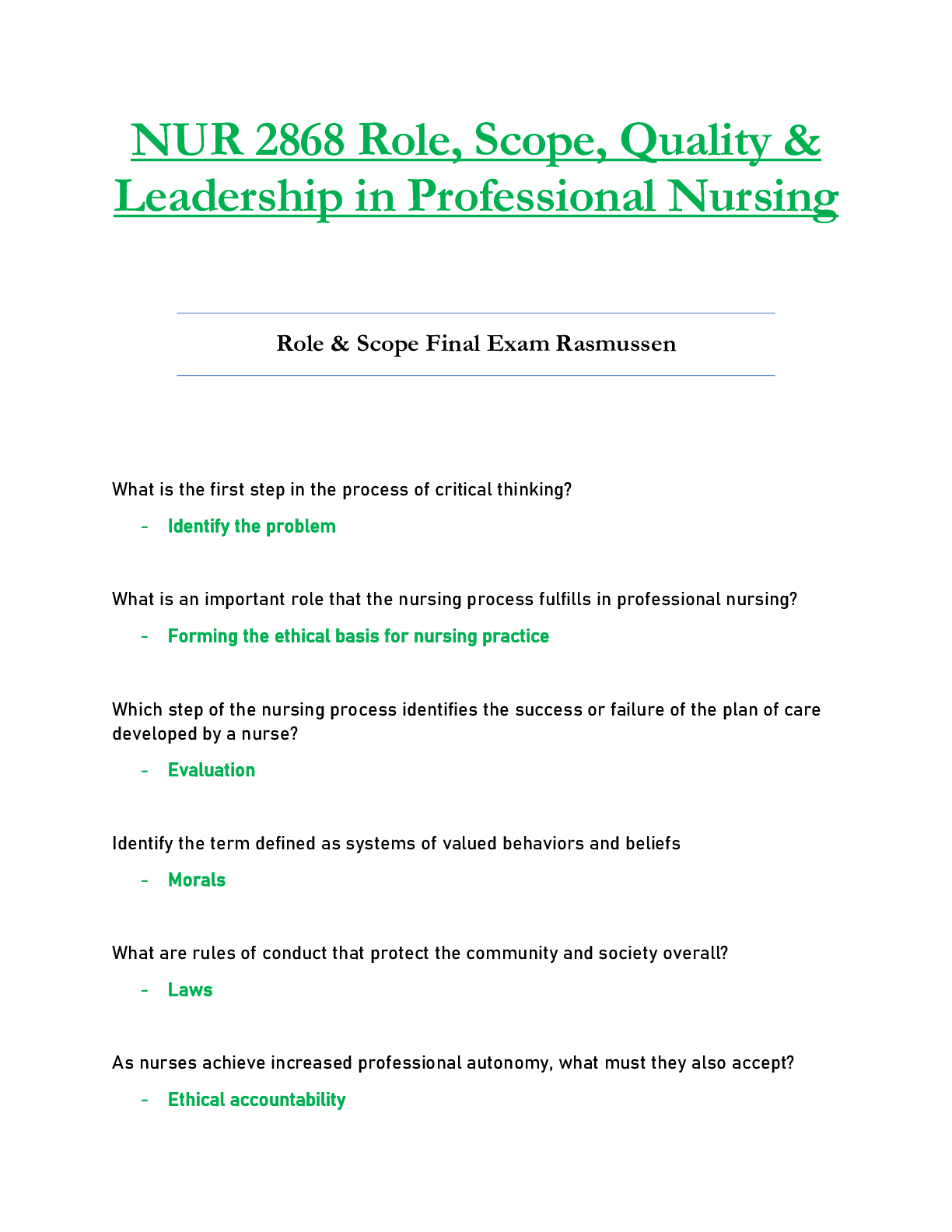 Preview image for NUR 2868 / NUR2868 Final Exam  : Role, Scope, Quality & Leadership in Professional Nursing - Rasmussen